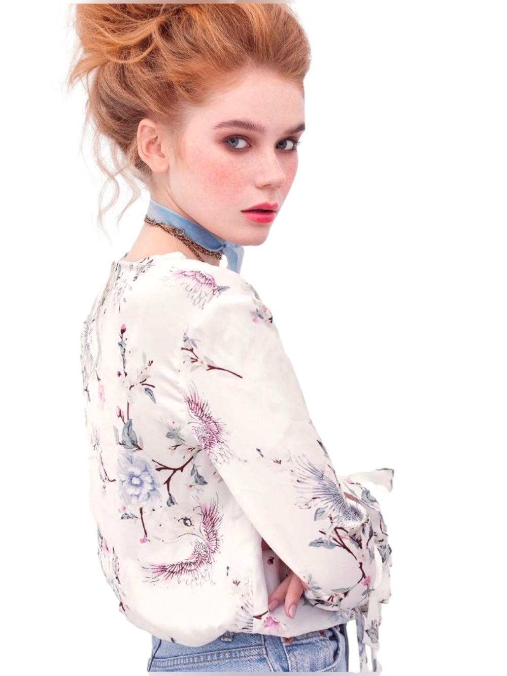 Bershka ivory floral crossover blouse